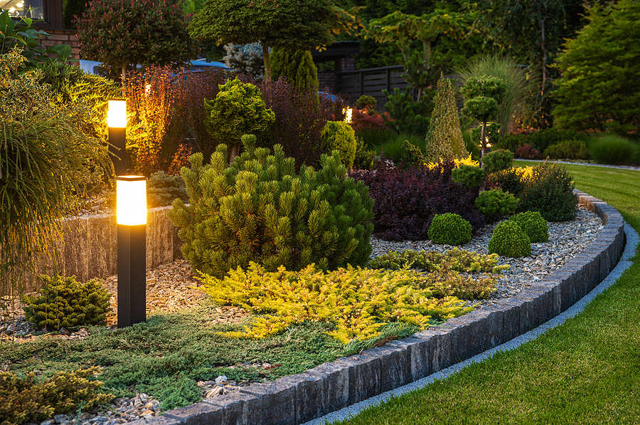 Illuminated By Modern Led Lights Residential Backyard Garden. La