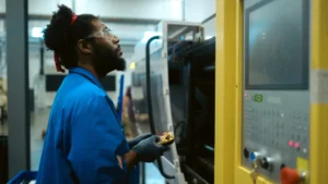 Injection molding technician operating machine controls on a production floor