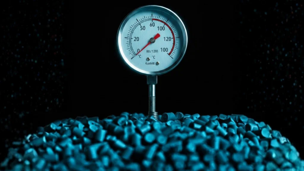 Temperature gauge placed in plastic resin pellets to represent glass transition temperature and thermal performance in injection molding.
