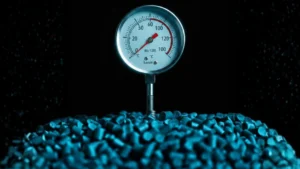 Temperature gauge placed in plastic resin pellets to represent glass transition temperature and thermal performance in injection molding.