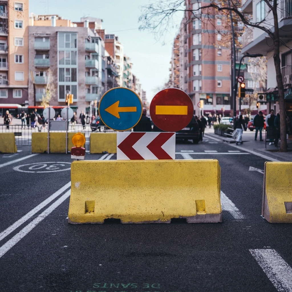Plastic traffic barrier with road safety signs used for temporary traffic control in an urban construction zone