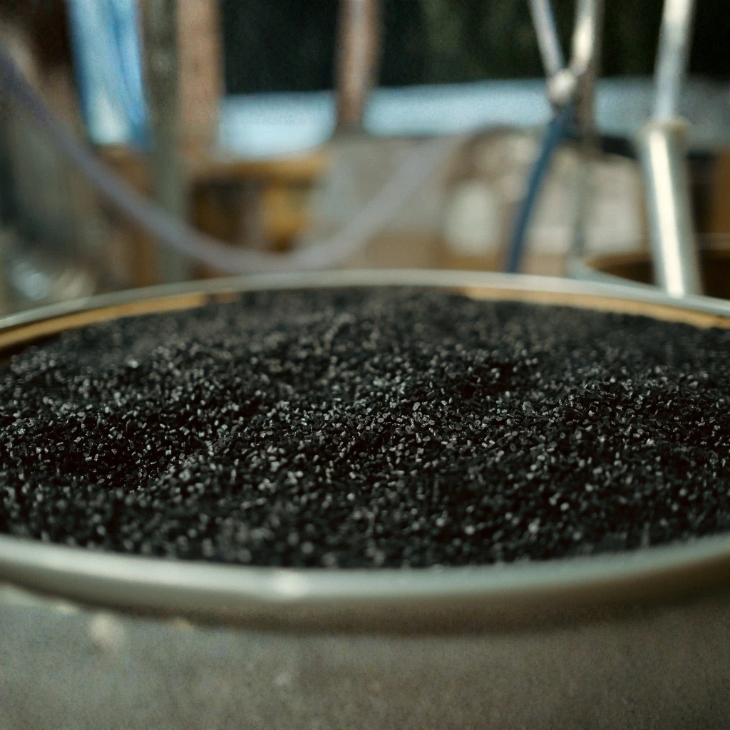 Black HDPE plastic resin pellets in a material hopper for injection molding.