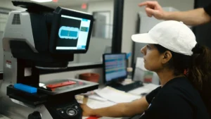 Technician inspecting an injection molded plastic part using a digital measurement system during a DFM and quality review.