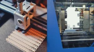 3D printer and injection molding machine comparing plastic part manufacturing methods