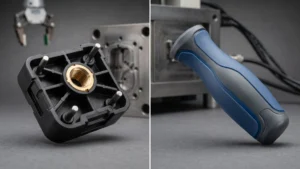 Split-screen comparison of an insert-molded plastic part with a brass threaded insert and an overmolded handle with a soft elastomer grip