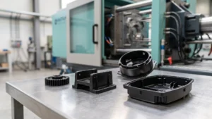 Black ABS injection-molded components displayed beside a precision steel mold and injection molding machine.