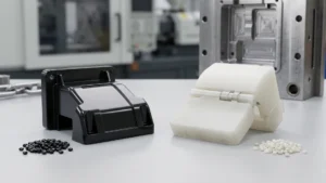 ABS and polypropylene injection molded parts shown side by side with plastic resin pellets and an injection mold in the background.