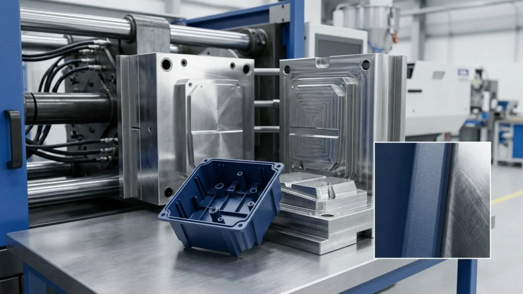 Injection mold and blue molded plastic part with tapered side walls demonstrating draft angles for proper part ejection.