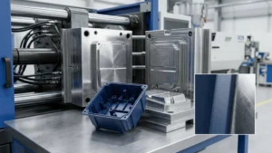 Injection mold and blue molded plastic part with tapered side walls demonstrating draft angles for proper part ejection.