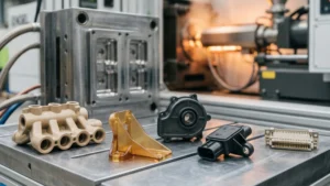 High-temperature injection molded plastic components made from PEEK, PEI, PPS, nylon, and LCP beside an injection mold.