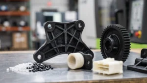 Black glass-filled nylon bracket and gear with natural nylon injection molded components and plastic resin pellets on a manufacturing workbench.