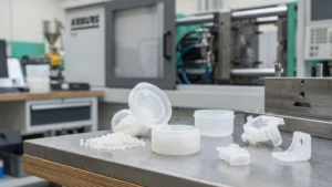 Polypropylene resin pellets and injection molded PP parts displayed beside an injection molding machine.
