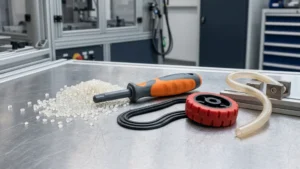 TPU resin pellets with an overmolded grip, flexible gasket, wheel, and tubing in a manufacturing environment.