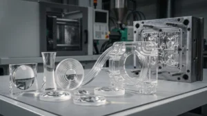 Clear acrylic (PMMA) injection molded components displayed beside precision mold tooling in an injection molding facility.