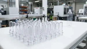 Clear PET plastic preforms on a production table in an injection molding facility.