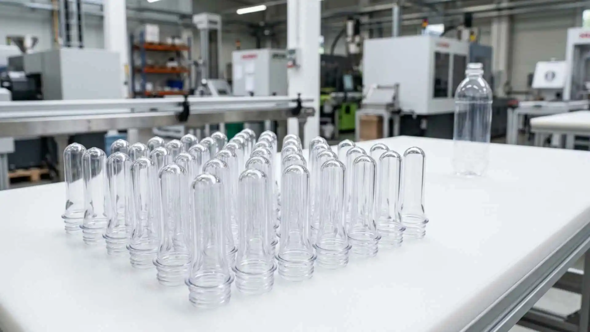 Clear PET plastic preforms on a production table in an injection molding facility.