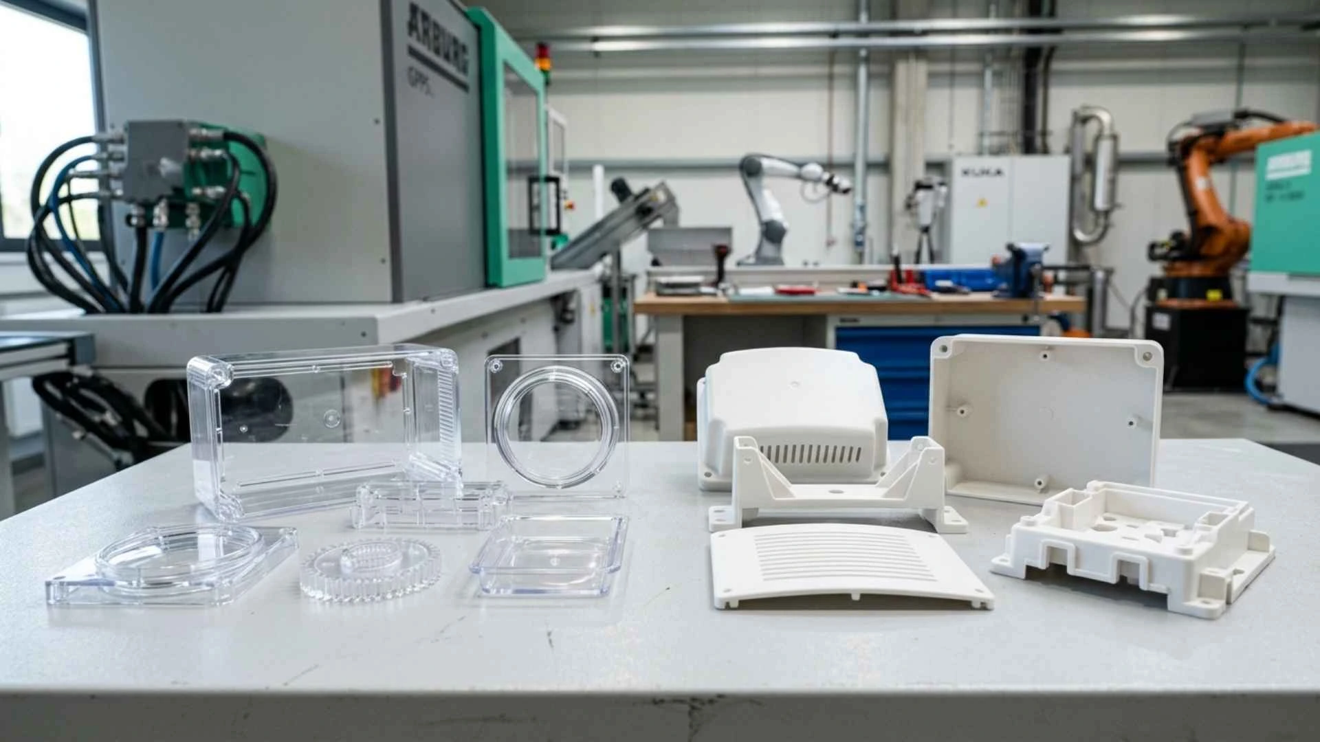 Clear GPPS and white HIPS polystyrene injection molded parts displayed in a manufacturing facility.