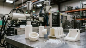 White HDPE injection molded parts and resin pellets displayed on a workbench inside a plastic injection molding facility.