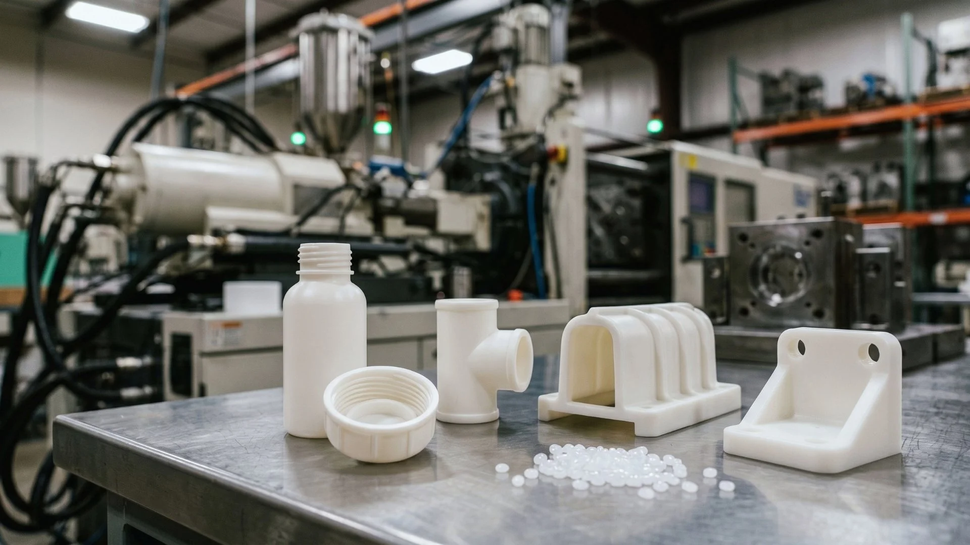 White HDPE injection molded parts and resin pellets displayed on a workbench inside a plastic injection molding facility.