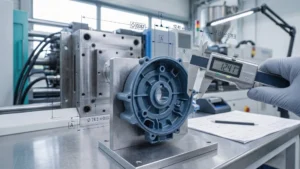 Digital caliper measuring an injection molded plastic part with engineering tolerance and GD&T callouts in a manufacturing facility.