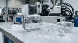 Clear polycarbonate injection molded parts and PC resin pellets displayed in an injection molding facility.