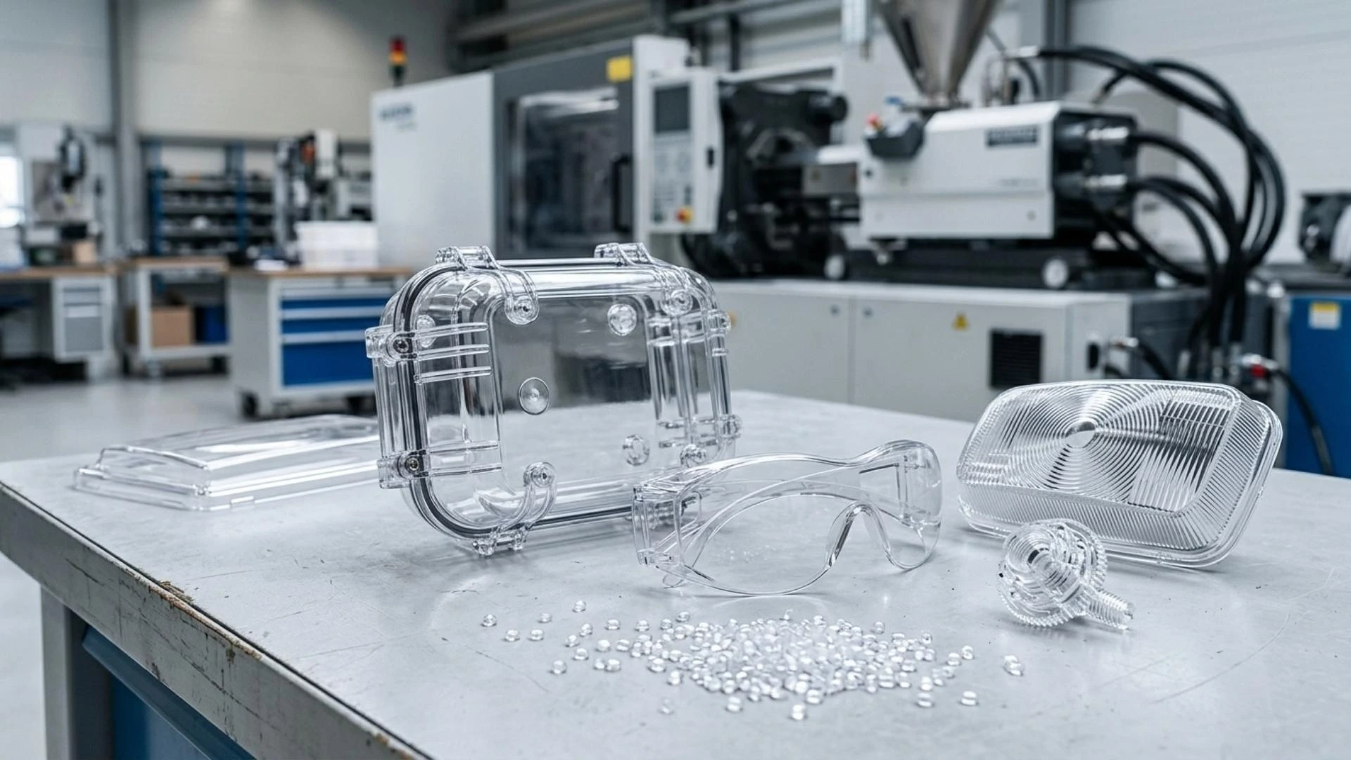 Clear polycarbonate injection molded parts and PC resin pellets displayed in an injection molding facility.