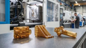Amber PEI ULTEM injection molded parts displayed in a plastic injection molding facility.