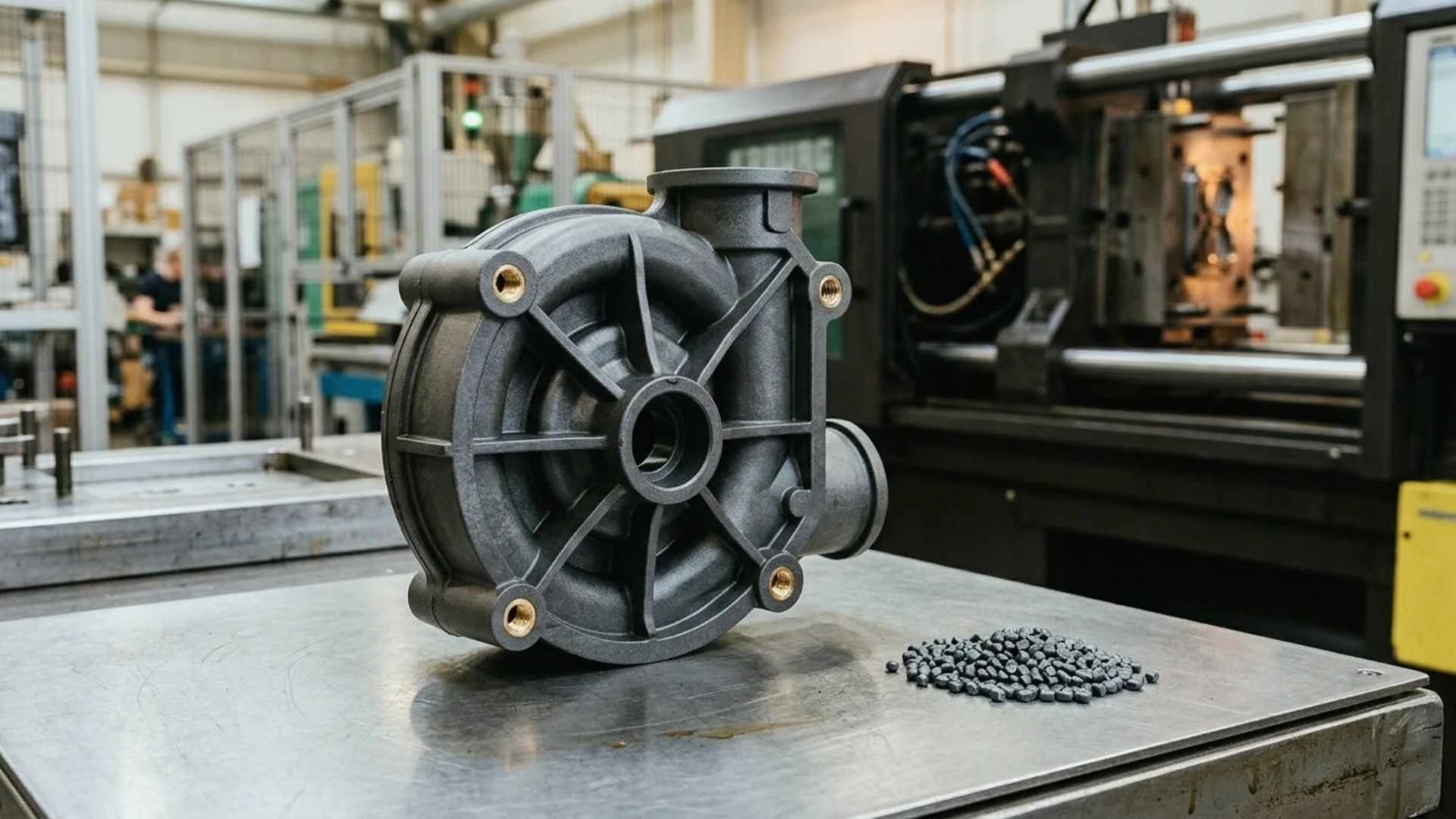 Injection molded PPS pump housing with glass-filled resin pellets in a manufacturing environment