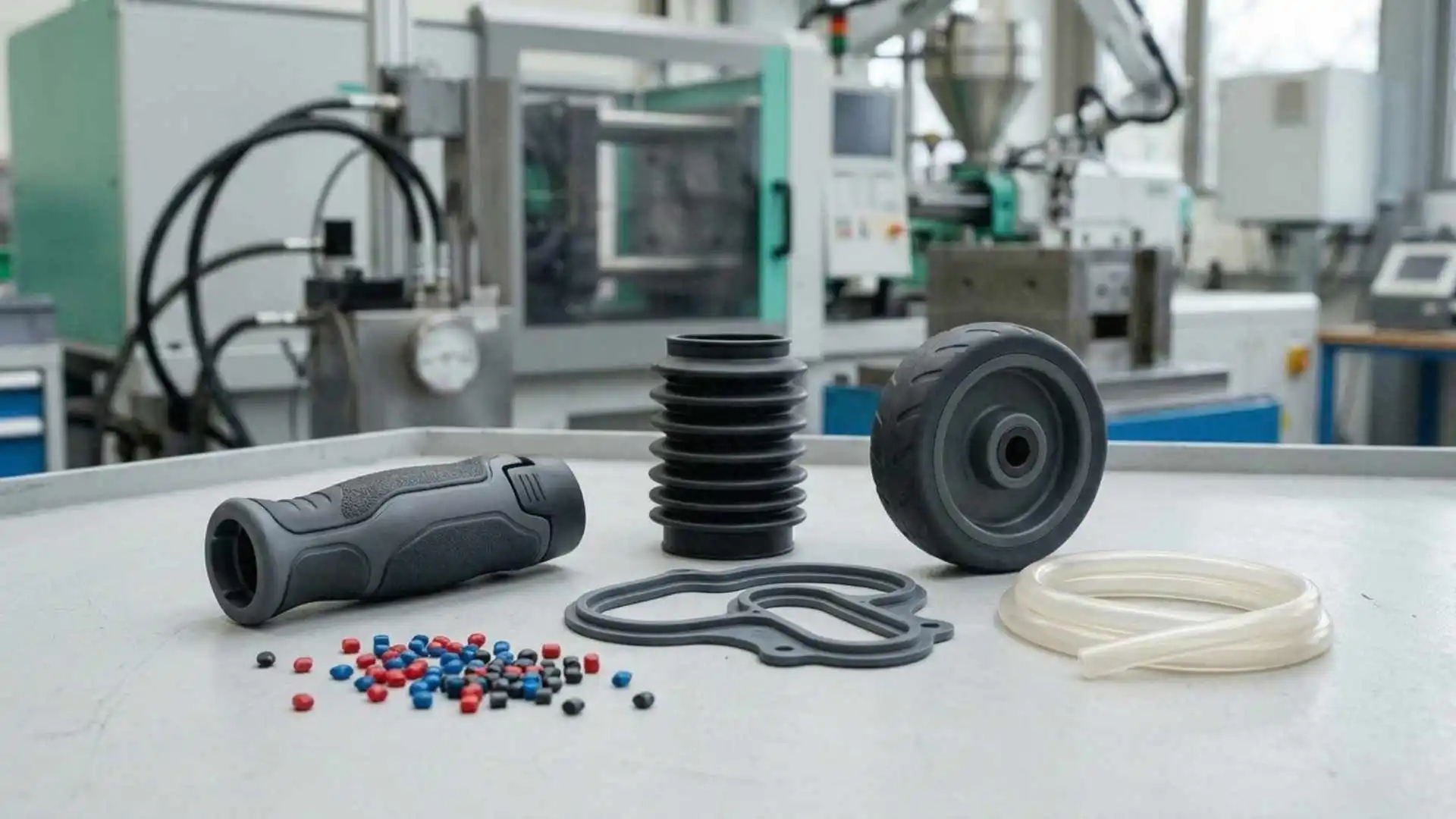 Injection molded TPE parts including a soft-touch grip, flexible bellows, wheel, gasket, and tubing.
