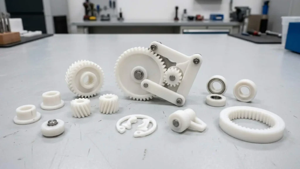 White acetal POM gears, bushings, bearings, and precision mechanical components on a workbench.