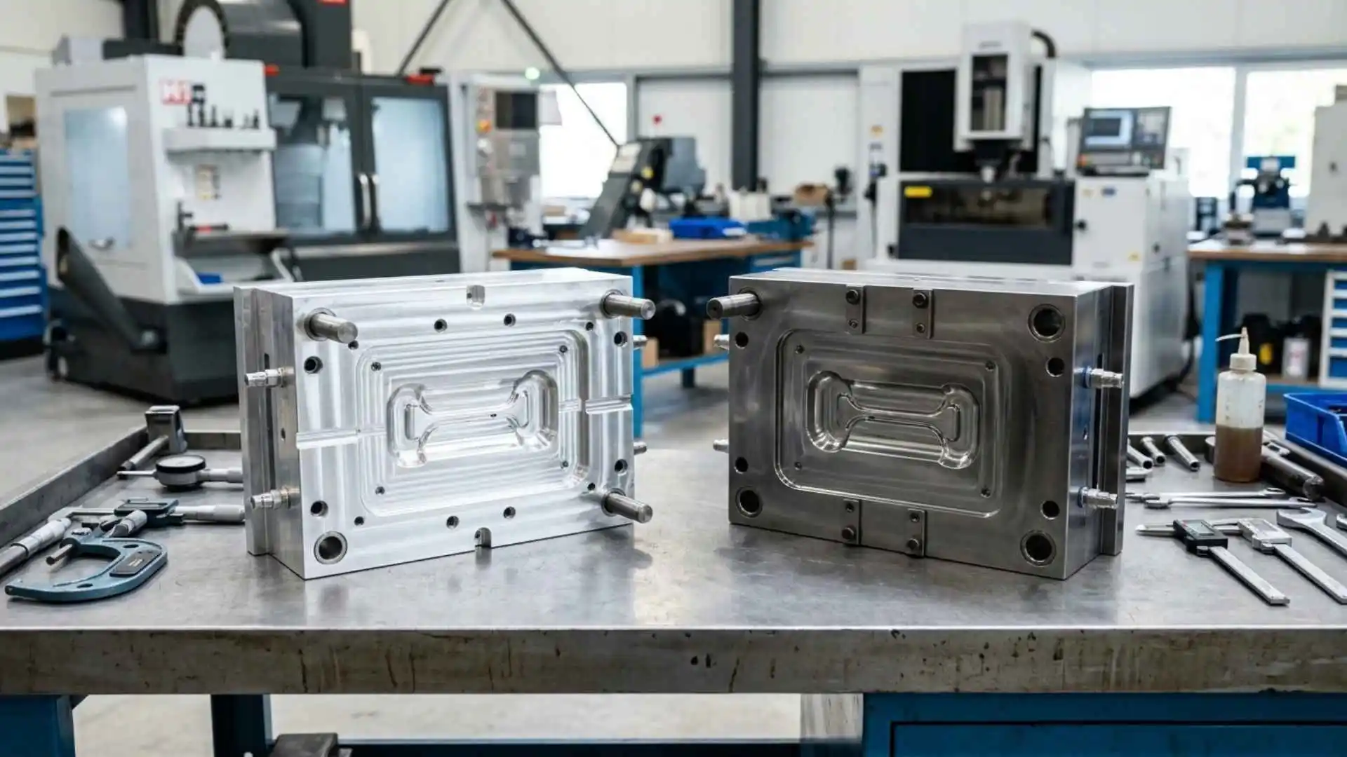 Aluminum and steel injection molds displayed side by side in a machine shop.