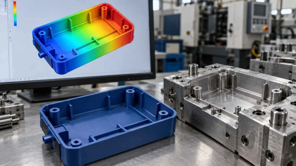 Mold flow analysis displayed on a monitor beside a blue injection molded housing and steel tooling.