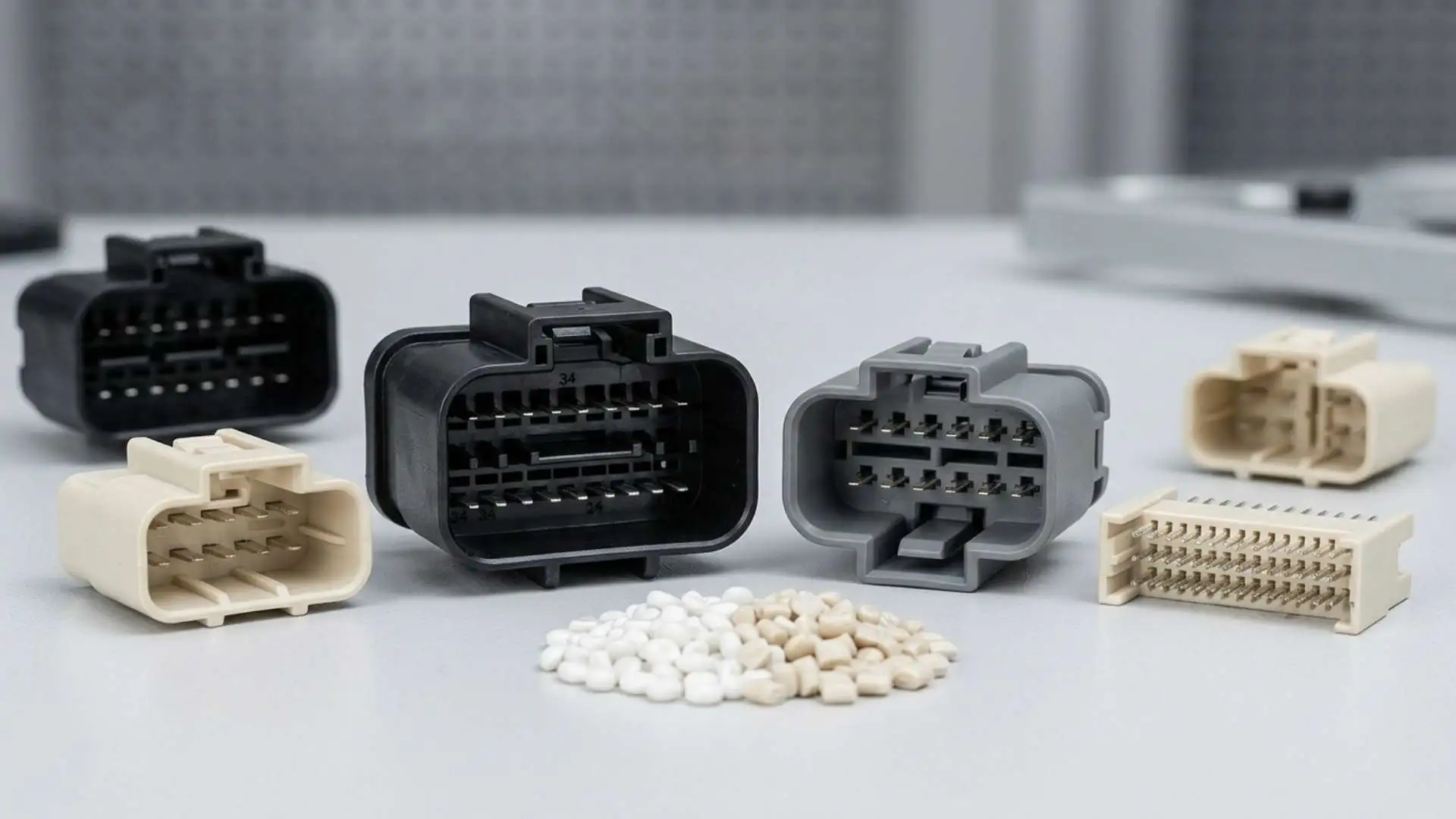 Black, gray, and beige injection molded PBT electrical connectors displayed alongside white and natural-colored plastic resin pellets.