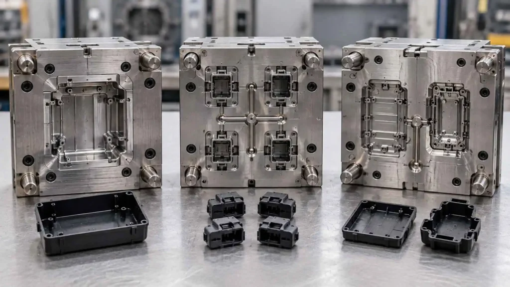Three steel injection molds showing single-cavity, four-cavity, and family mold configurations, with corresponding black plastic molded parts displayed in front.