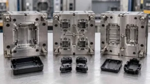 Three steel injection molds showing single-cavity, four-cavity, and family mold configurations, with corresponding black plastic molded parts displayed in front.